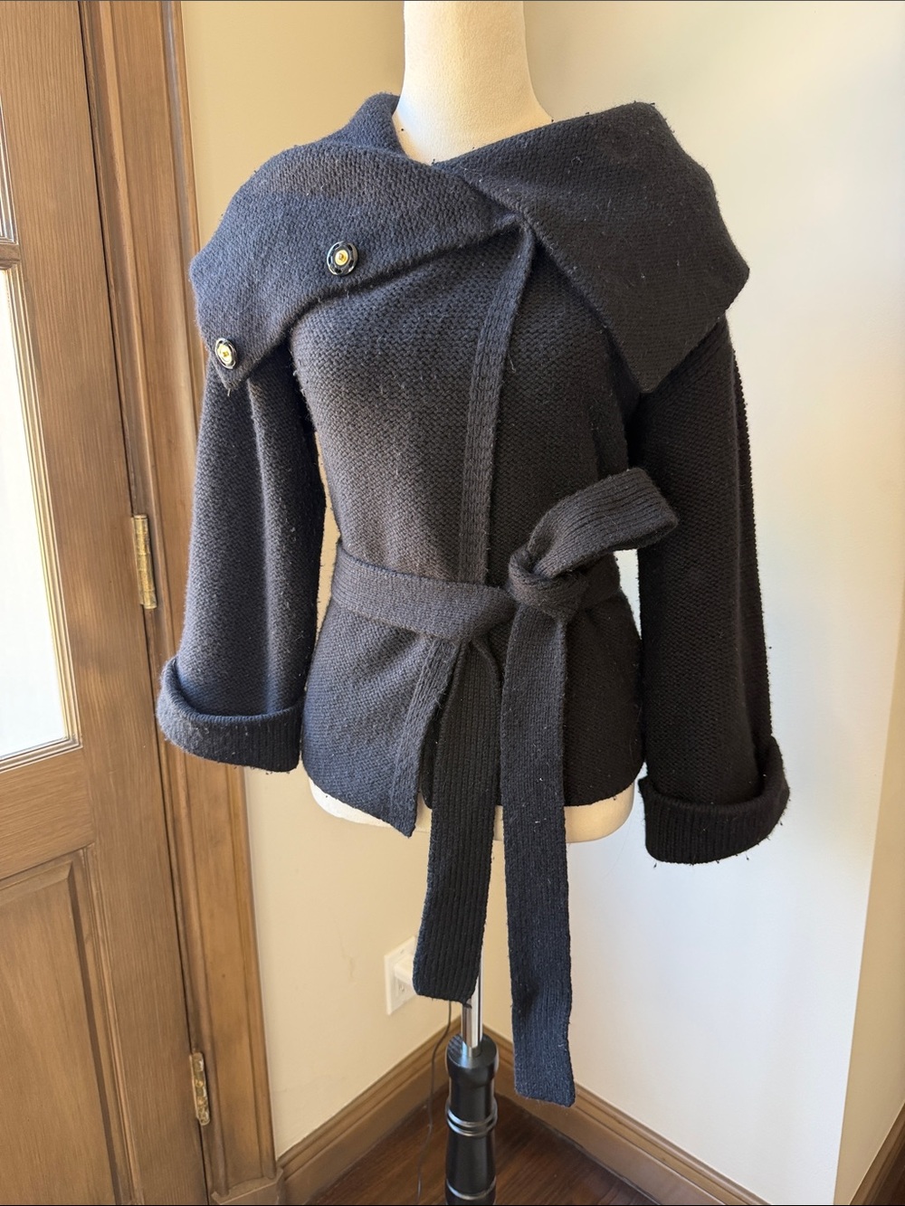 MARC JACOBS Women’s Black Wool Knit Wrap Crossover Jacket w/ Belt Size Medium M